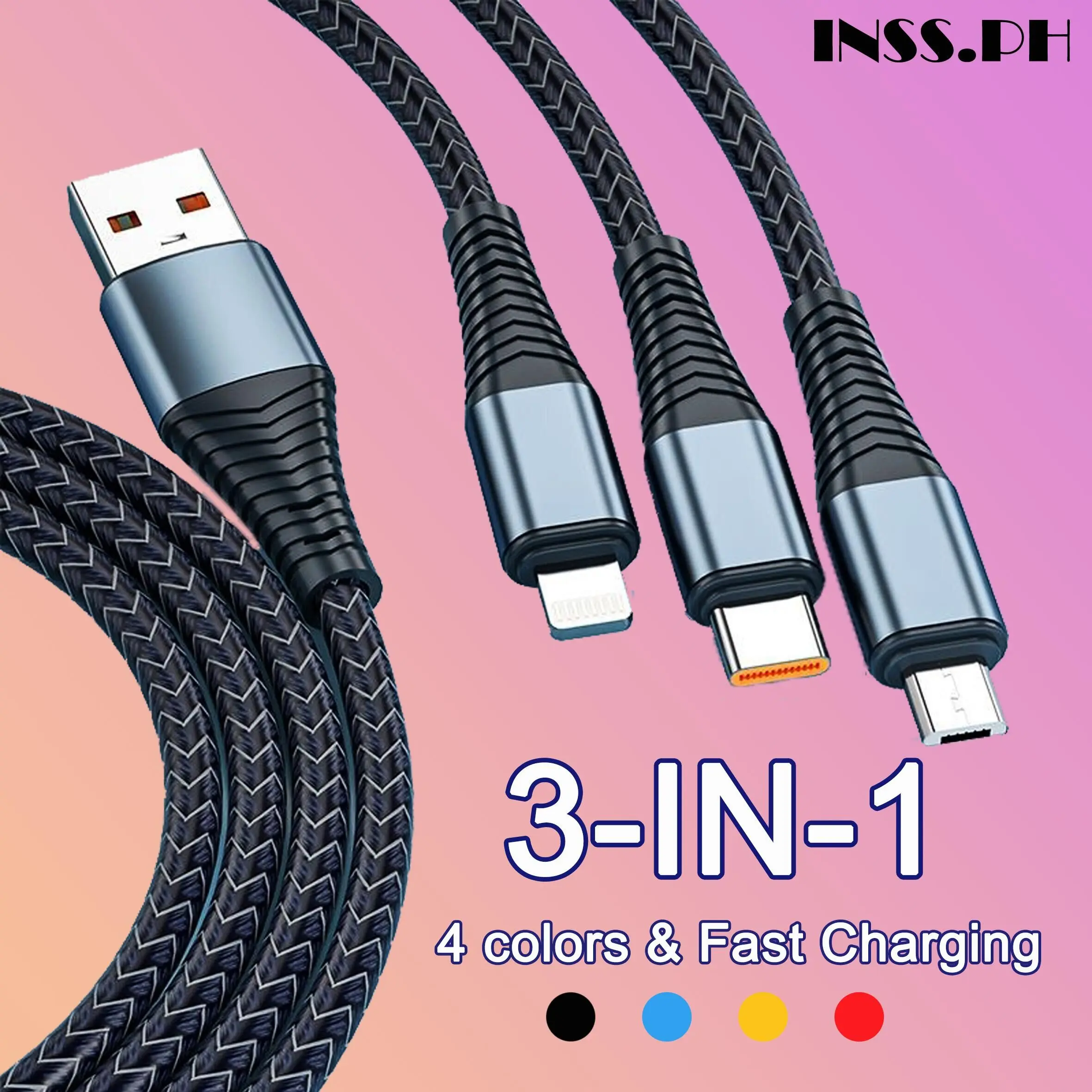[100% original]⚡Super fast charging⚡Fast charger 6A 3 in 1 USB charging cable micro USB Type-C Android for iPhone multiple cable type C premium nylon and aluminum braided materials multiple USB charging cable 1.2m