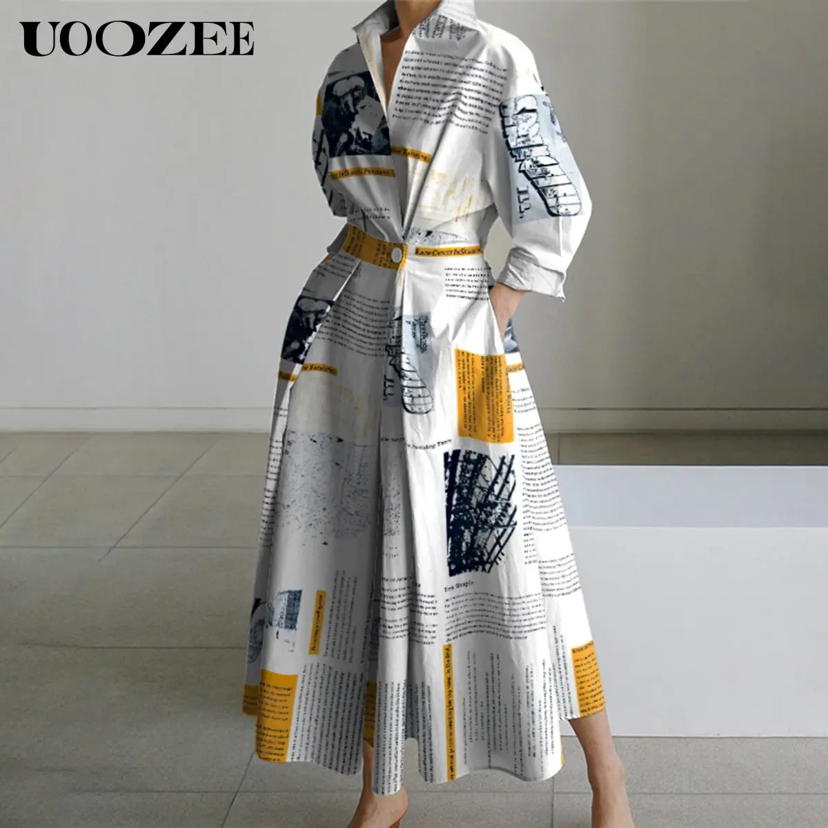 Long Sleeves Loose Newspaper Print Pleated Tied Waist Lapel Midi Dresses Shirt Dress-Printing is not positioning printing