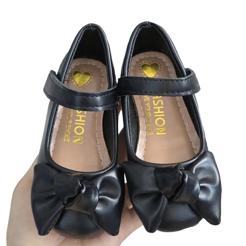 Giày búp bê nơ xinh xắn da PU mềm đế dẻo quai dán cho bé gái đi học đi chơi size 21-35 màu Đen Trắng kem Hồng