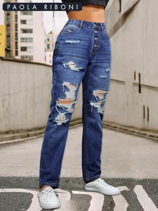 Women's Solid Ripped Button Front High Waist Straight Leg Jeans, Casual Distressed Denim Pants for Daily Wear, Ladies Bottoms for All Seasons