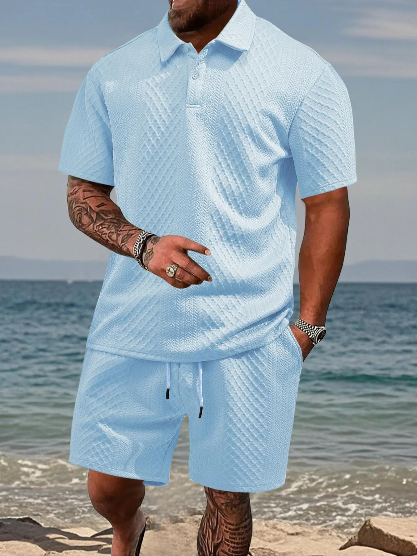 Men's Solid Polo Shirt & Drawstring Waist Shorts Set, Cozy Breathable Two-piece Outfits for Daily Outdoor Wear, Men Clothes for Summer