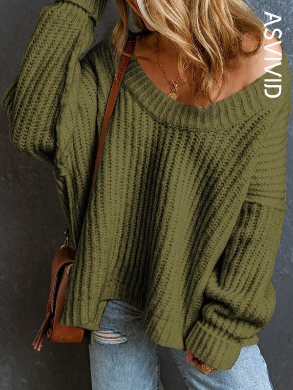 Women's Plain Textured Split Hem Scoop Neck Sweater without Necklace, Casual Drop Shoulder Long Sleeve Jumper for Fall & Winter,  Knitwear for Daily Wear 1