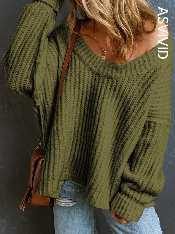 Women's Plain Textured Split Hem Scoop Neck Sweater without Necklace, Casual Drop Shoulder Long Sleeve Jumper for Fall & Winter,  Knitwear for Daily Wear 1