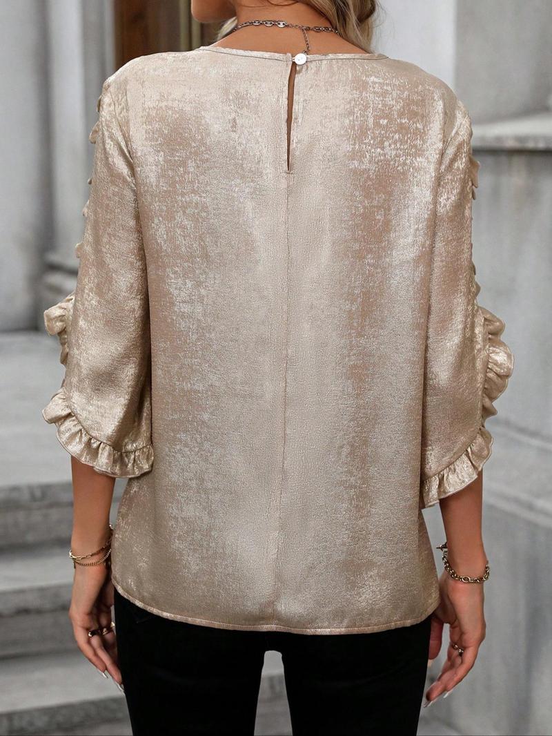 Product Introduction of Women's Glitter Ruffle Hem Flounce Sleeve Blouse, Elegant 3/4 Sleeve Round Neck Top for Daily Wear, Ladies Clothes for All Seasons 2