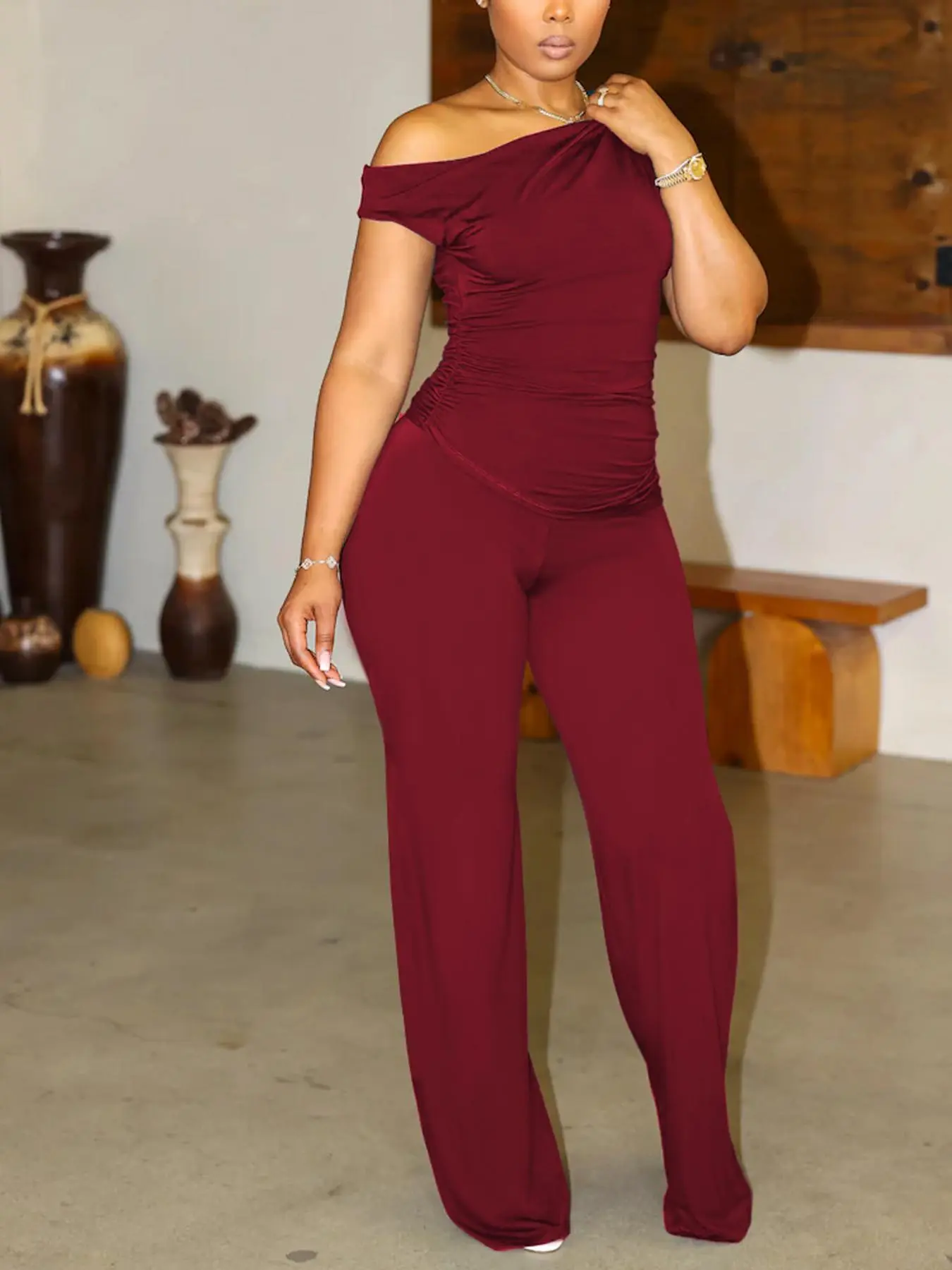 Women's Solid Asymmetrical Neck Ruched Top & Wide Leg Pants Set, Casual Fashion Cozy Two-piece Outfits for Daily Outdoor Wear, Women Clothes for Summer