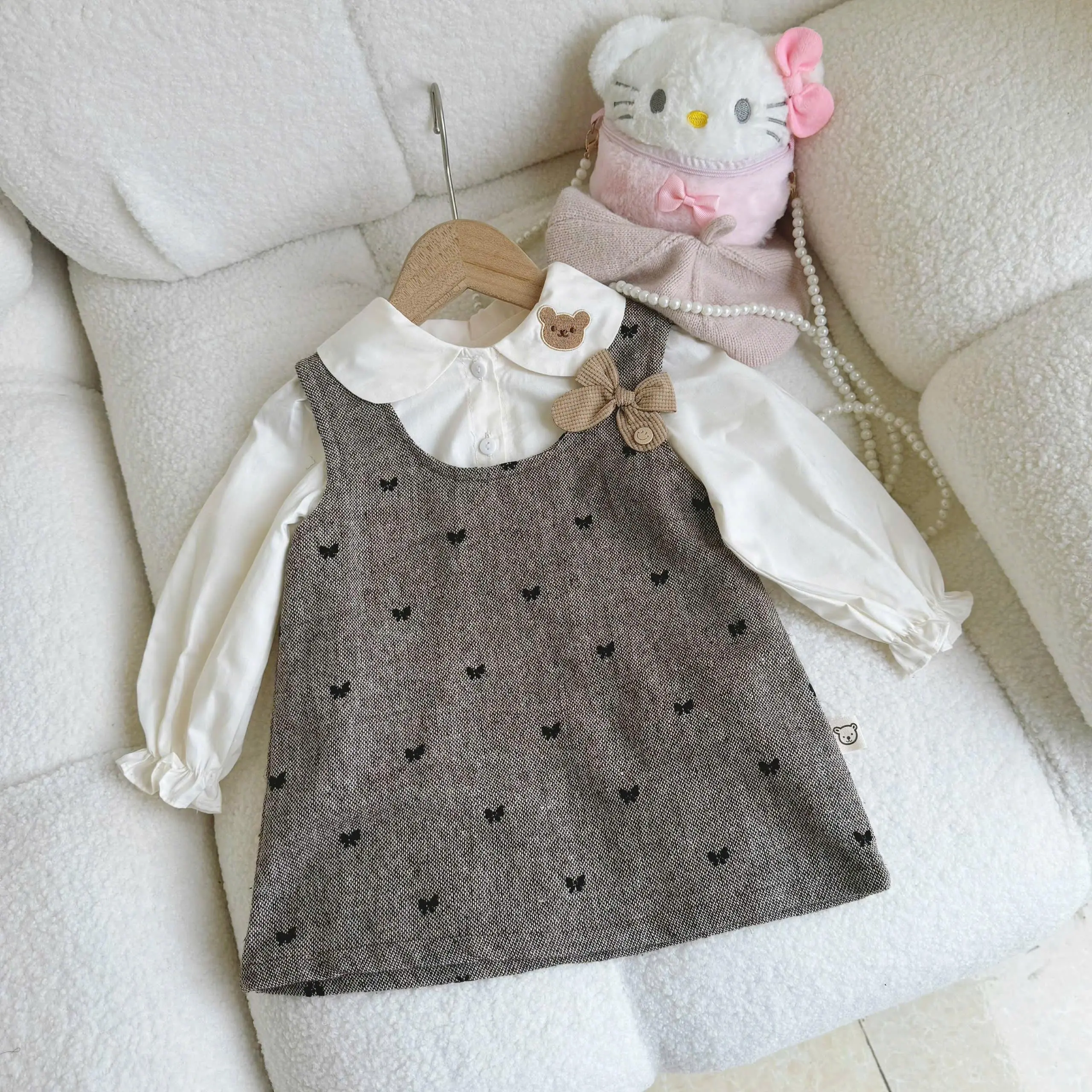 Set Váy Dạ Nơ Kèm Áo Sơ Mi Gấu Xinh Xắn Cho Bé Gái Thu Đông - S034 - Lana Kids