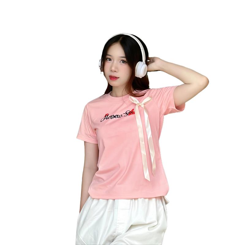  Áo Baby Tee Thun Cotton Cổ tròn tay Ngắn Nơ Tự Thắt Ba Màu Trắng Đen Bee Nữ Top Women 