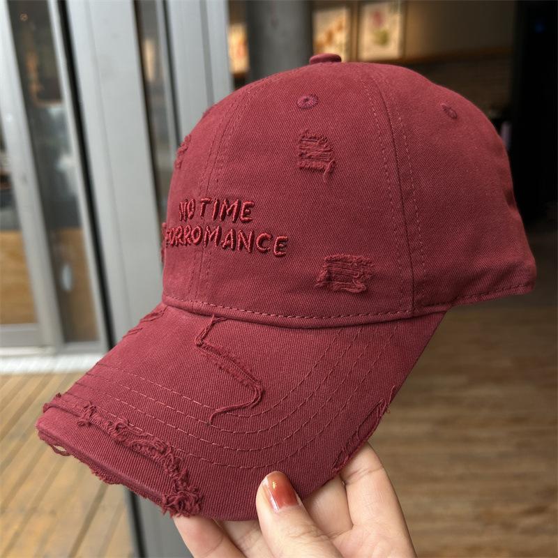 Topi Baseball Wanita Berlubang dengan Sulaman Huruf, Diperbuat daripada Kapas yang Dicuci, Berbentuk Runcing, Tampak Kecil, Bersaiz Besar, dengan Tepi yang Melebar, Topi Matahari Berbahan Lembut.