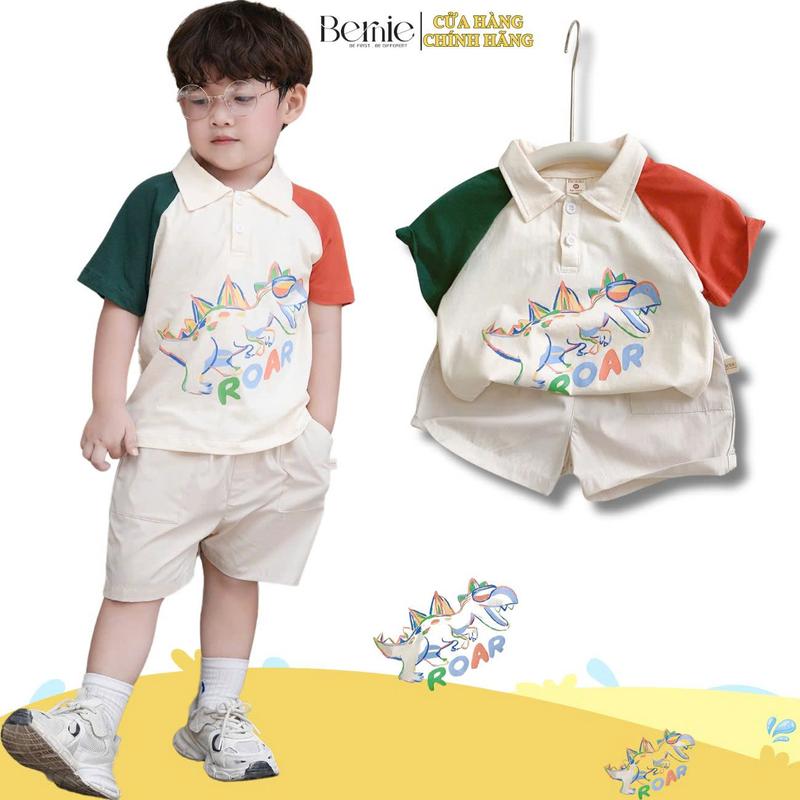 Set bộ polo khủng long sắc màu bé trai áo thun và quần short đùi kaki 9kg tới 28kg BERNIE H1124B382