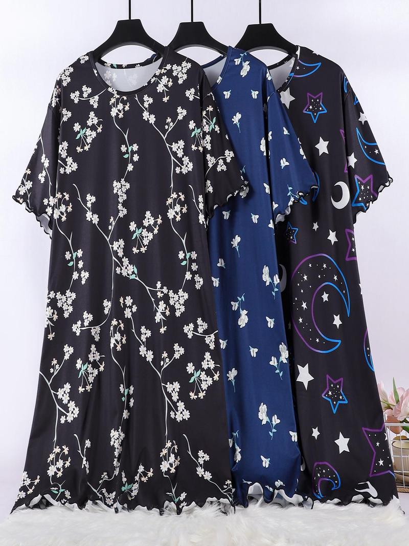 Product Introduction of 【Plus Size】 Floral & Star Print Lettuce Trim Nightdress, Casual Soft Comfortable Round Neck Short Sleeve Nightgown for Women, Women's Sleepwear for Summer 1