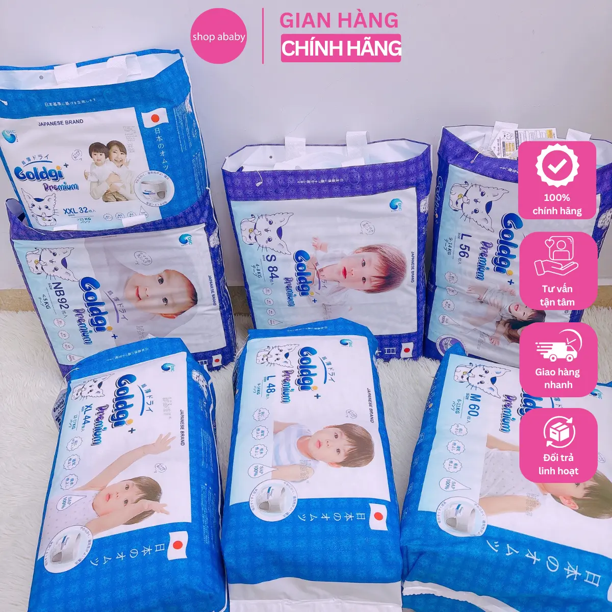 [CHÍNH HÃNG+MẪU MỚI 2024] Bỉm dán/quần Goldgi+ Premium Cao Cấp Nhật Bản mỏng, êm mềm, thấm hút tốt, dùng ban đêm cho bé Thun