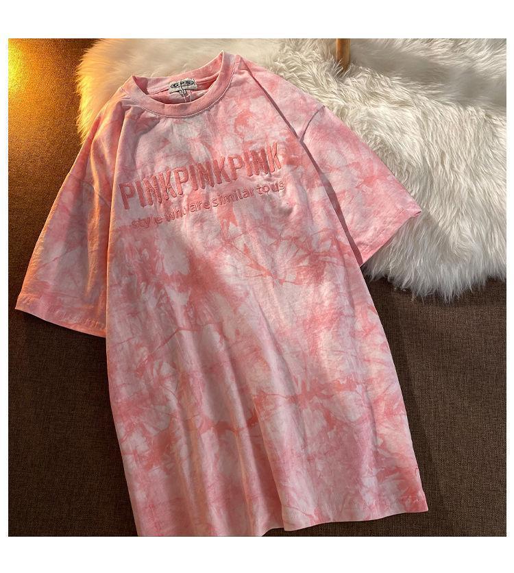 Product Introduction of Tie-Dye Top T-Shirt Embroidered Letters Couple Outfit Best Friend Outfit Short Sleeve T-Shirt Women Summer Loose Casual Top T-Shirt 3