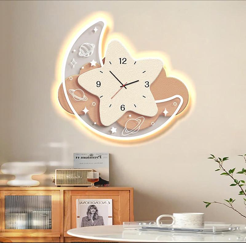 Tranh Đồng Hồ Hình Mặt Trăng Ngôi Sao Gắn Đèn Led Hiện Đại Trang Trí Phòng Khách Văn Phòng Cửa Hàng Làm Quà Tặng Decor Treo Tường Trang Trí Nhà