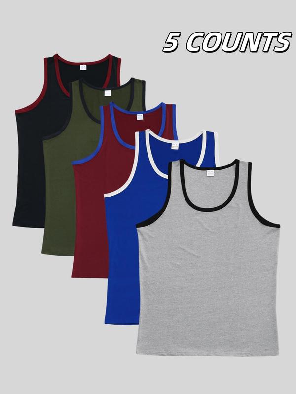 Men's Solid Color Contrast Trim Round Neck Tank Top, Regular Fit Breathable Comfortable Sleeveless Top for Gym Workout Running, Casual Sporty Top for Summer 1