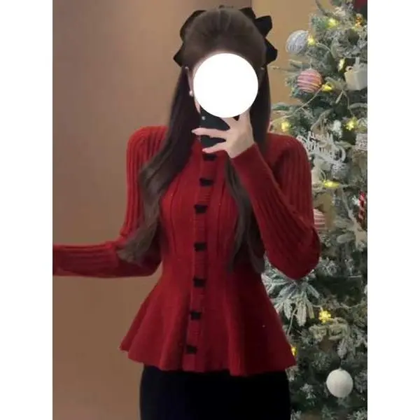 Áo Sơ Mi Giáng Sinh Cho Nữ, Trang Phục Lễ Hội Mùa Xuân, Áo Len Có Nơ Đỏ, Mùa Thu Và Mùa Đông, Cộng Với Kích Thướ, Cô Gái Béo, Siêu Đẹp, TopChristmas Trễ Vai