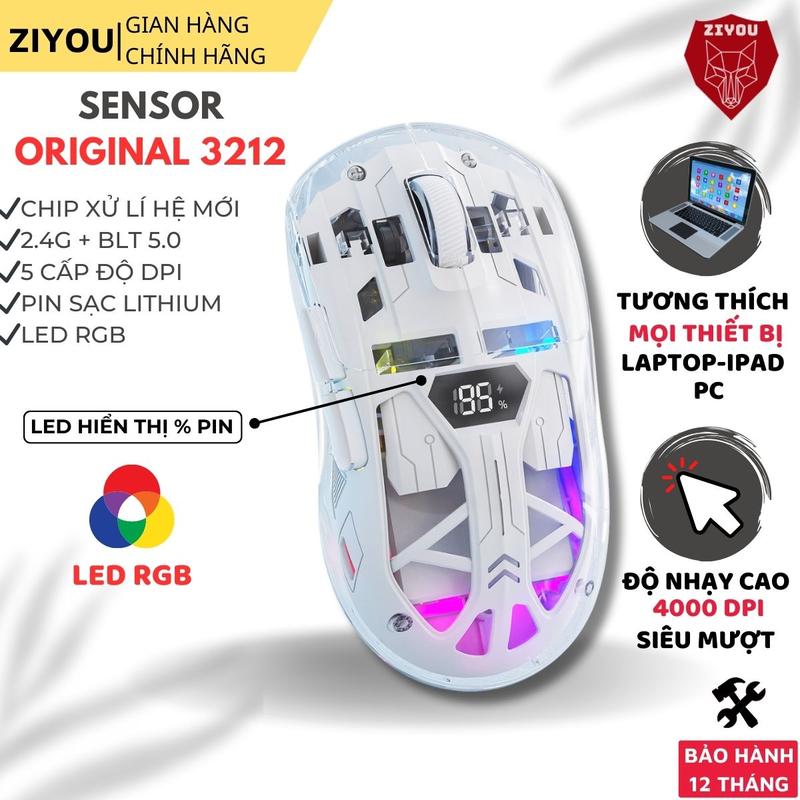 Chuột Bluetooth Gaming Không Dây Ziyou Free Wolf A2 Trong Suốt LED Rgb 4000DPI Siêu Mượt Pin Sạc