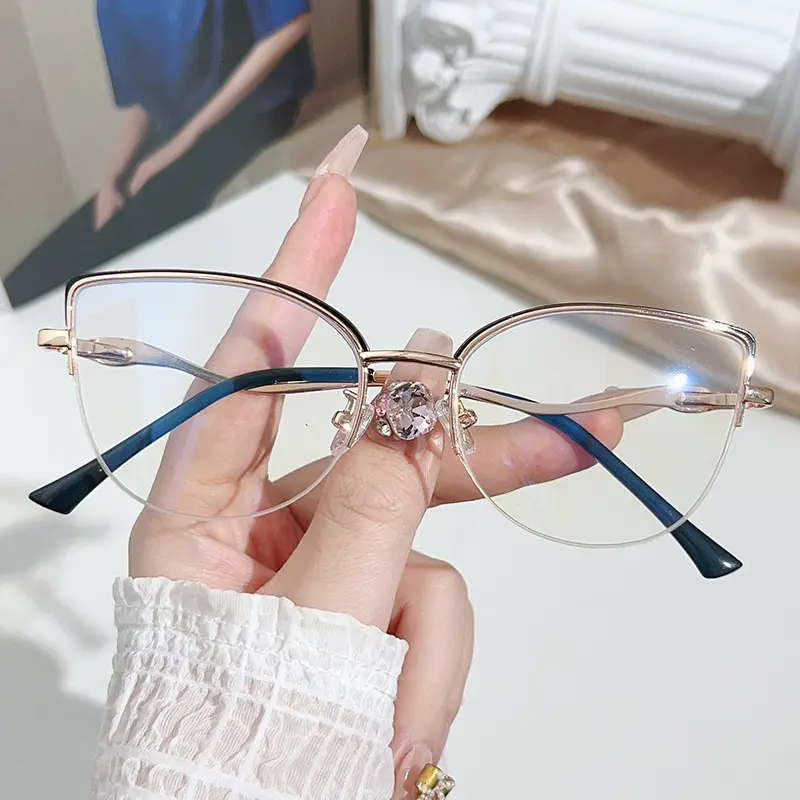 Vintage Metal Round Eyebrow Frame Ultra-light Cat Eye Myopia Glasses Fashionable Internet Celebrity Style Anti-blue Light Half-frame Glasses 1