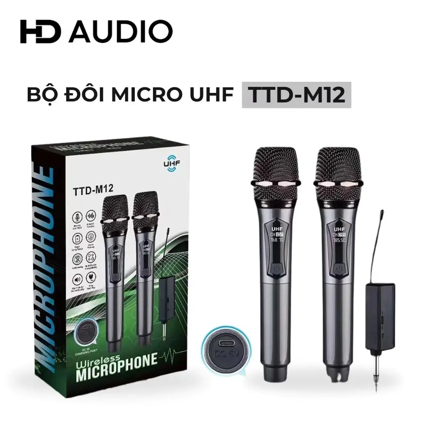 Bộ micro không dây TTD-M12 Chống hú, bắt sóng xa, hút âm cực tốt, chất tiếng sáng, bộ micro không dây dùng cho amply