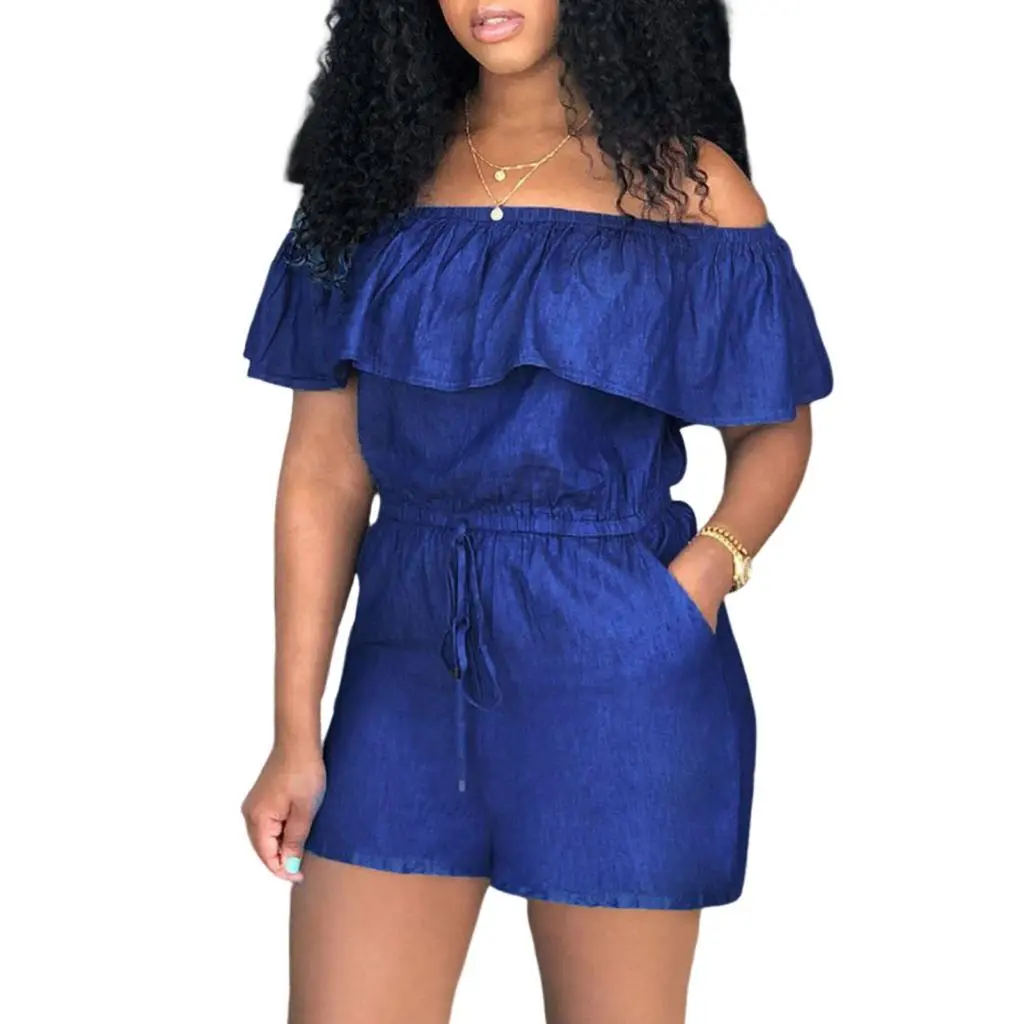 Jianmeje Women Jumpsuit with Drawstring High-quality Women Jumpsuit Stylish Off Shoulder Ruffle Hem Jumpsuit for Women for Summer Shop for the Latest Trends in Denim Overalls