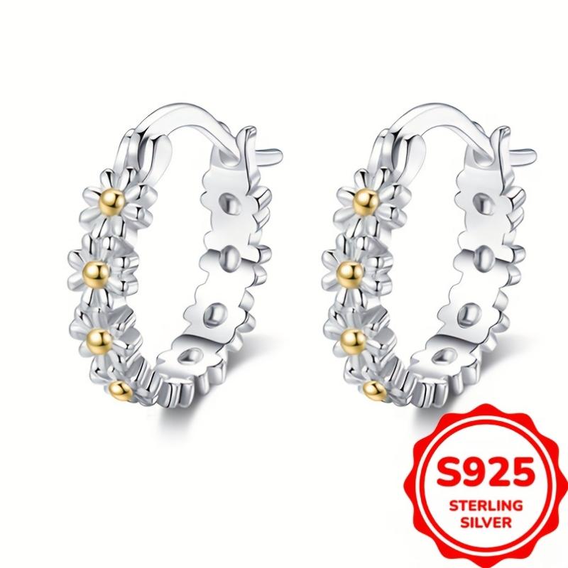 [Silver | Cute] 925 Sterling Silver | Cute Daisy Huggie Hoop Earrings For Girls Women | For Daily Jewelry Birthday Christmas Gifts (2.6g) 0