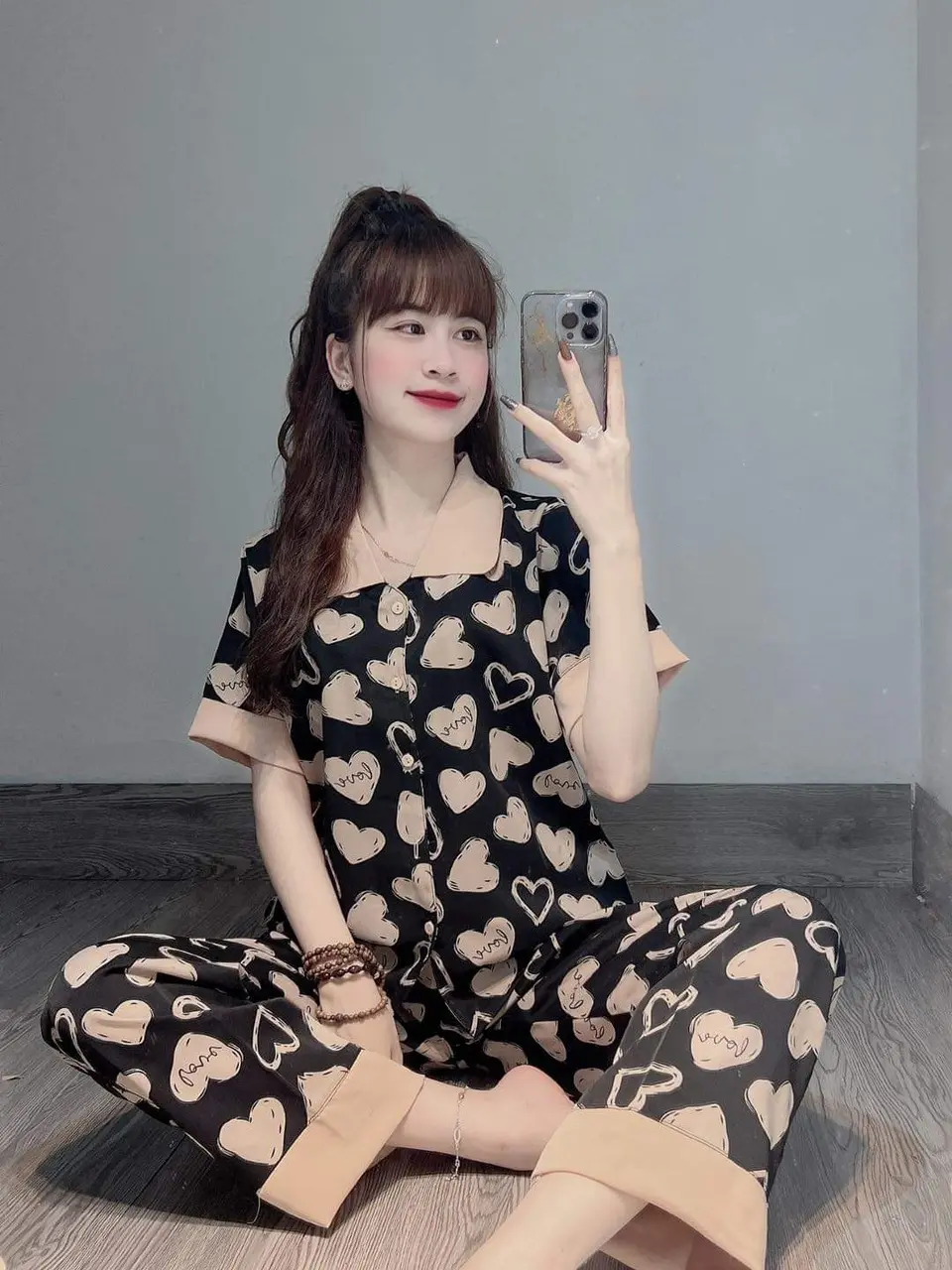 BỘ PYZAMA ÁO CỘC QUẦN DÀI TIM ĐEN