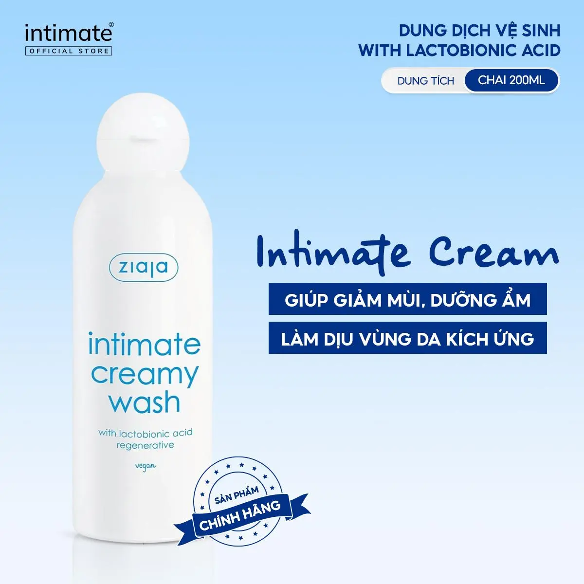 Dung Dịch Vệ Sinh Phụ Nữ Intimate With Lactobionic Acid ZIAJA Giúp Giảm Mùi, Dưỡng Ẩm, Tăng Đàn Hồi Cho Da 200ml