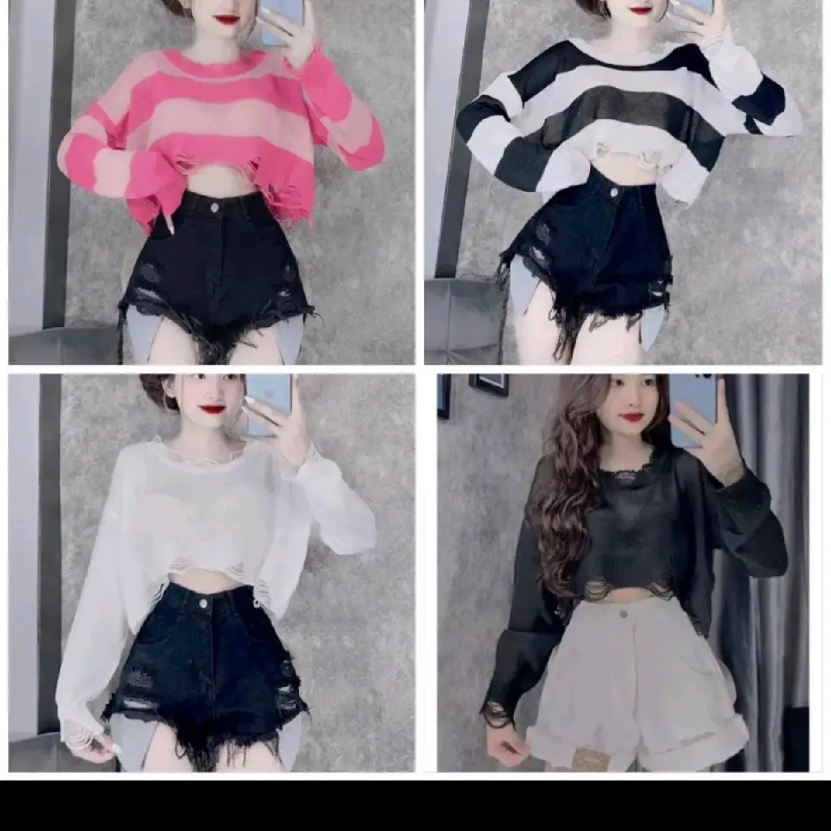 Áo len mỏng rách nhẹ Fom croptop 35_55kg mặc vừa