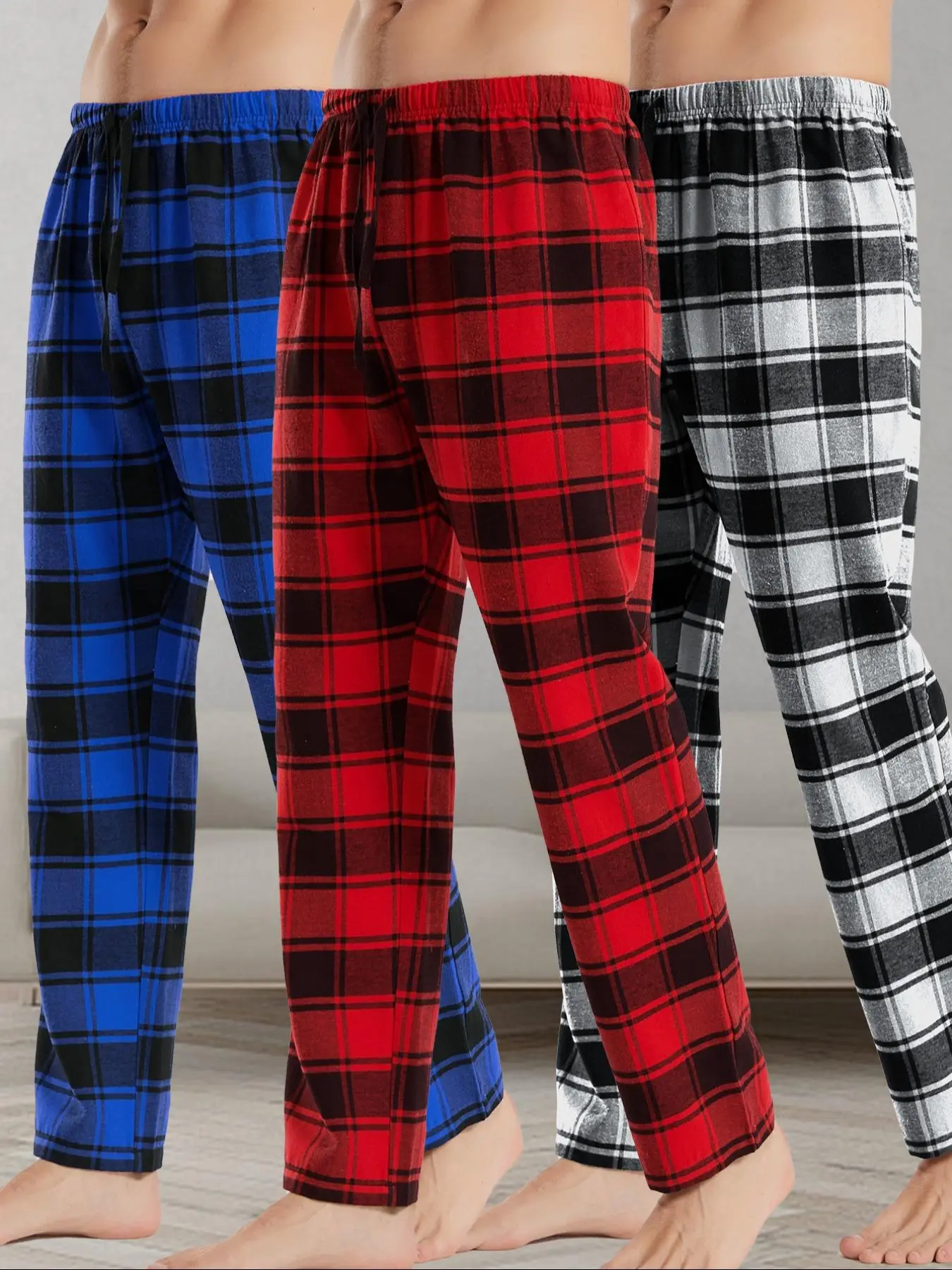 Men's Plaid Print Pajama Pants, Casual Comfy Trousers for Fall & Winter, Men's Sleepwear for Indoor Wear