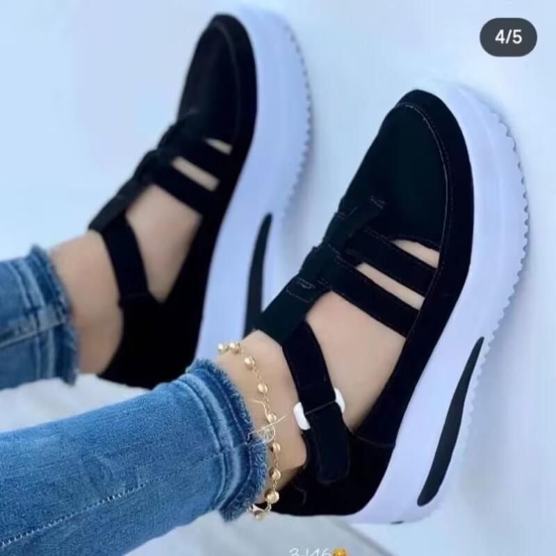 Product Introduction of 2023 Summer New Plus Size Women's Wedge Thick Sole Casual Shoes Solid Color Hollow Breathable Velcro Casual Shoes 9