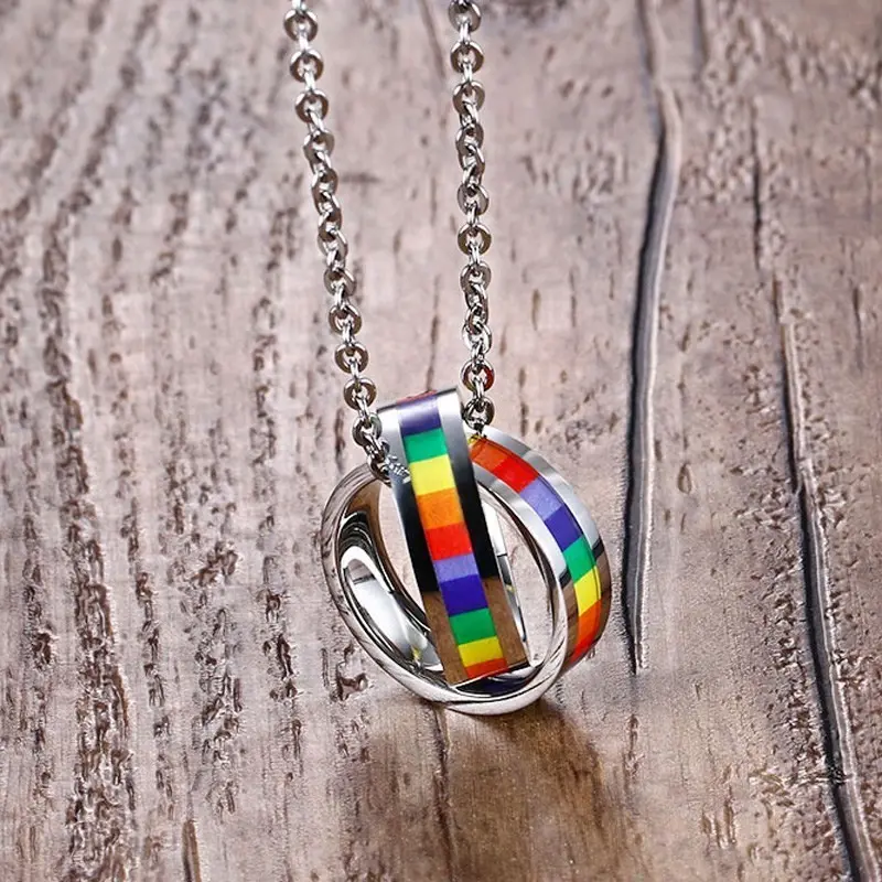 Vòng Cổ Bằng Thép Không Gỉ, Unisex, Biểu Tượng Tự Hào LGBT Đồng Tính, Cờ Đồng Tính Nam Nữ Cầu Vồng, Vòng Cổ Mặt Dây Chuyền Nhẫn Đôi, Đi Kèm Trong Hộp Quà Tặng Miễn Phí, Đồ Trang Sức Titan
