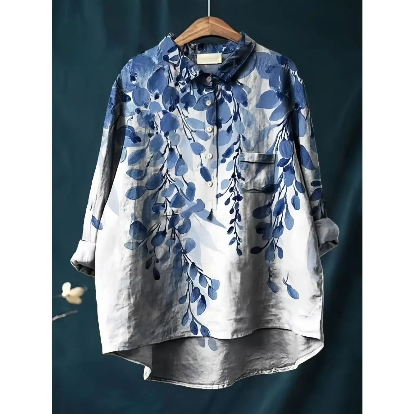 Casual Women's Hawaiian Print Long Sleeve Shirt, Oversized Plus Size Cotton Linen Top