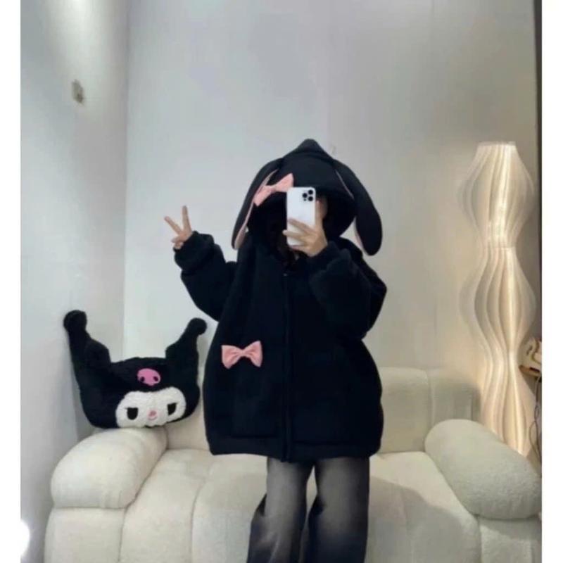Áo hoodie nỉ tai thỏ tặng kèm nơ hồng chát nỉ tàu mũ trùm siêu xinh 0