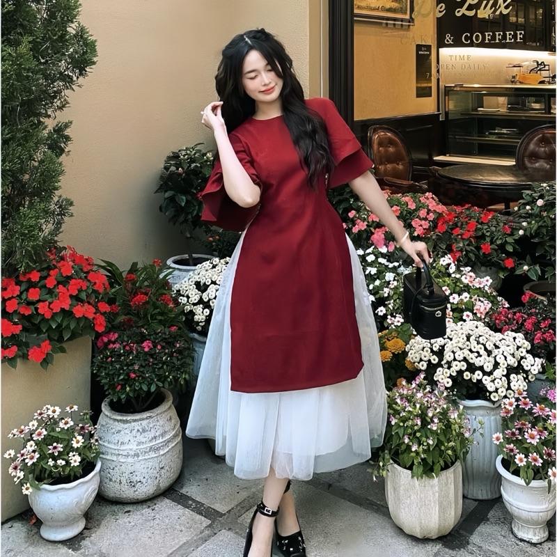 Product Introduction of Sét Áo Dài Cách Tân Nhung Tăm Mặc Tết 2025 Gồm Áo Dài Nhung Tay Xoè + Chân Váy Xoè Dài Nữ Women Dress Đỏtop 2025top 5