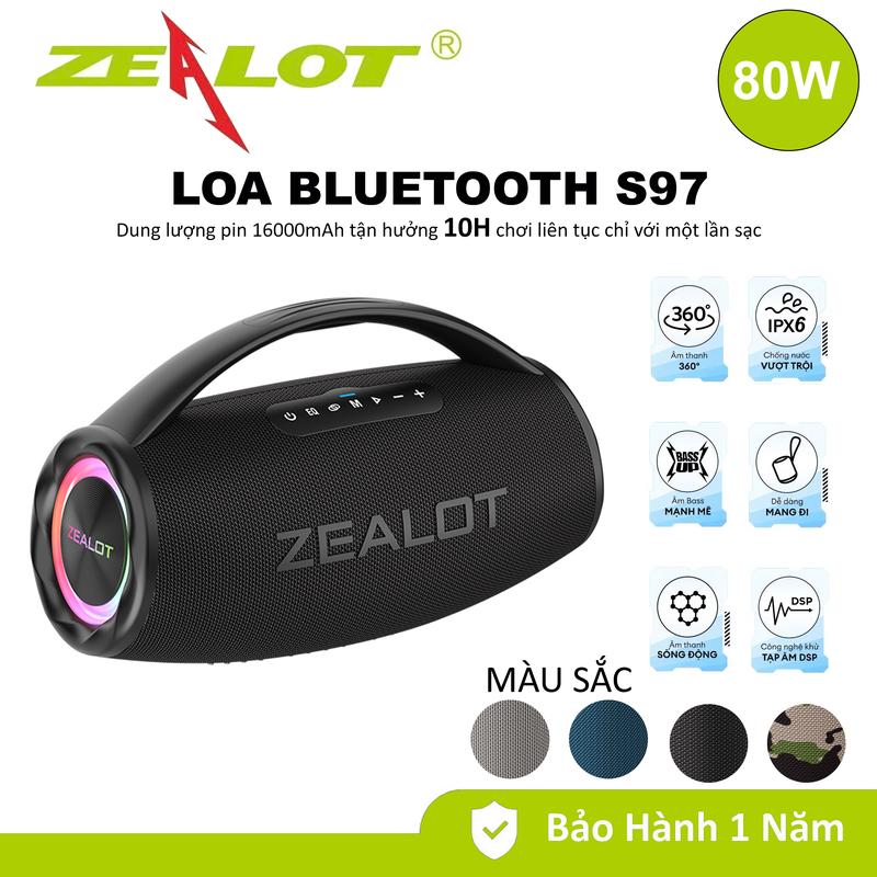 Loa Bluetooth ZEALOT S97 và S97M_Công suất 80W pin 16000mAh. Loa không dây mạnh mẽ khư nước ipx6 dành cho bữa tiệc cắm trại ánh sáng đầy màu sắc RGB loa bluetooth Củ Loa Nghe Nhạc