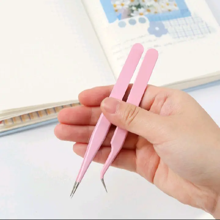 pinset benda nail art isi 2pcs lurus dan bengkok pink