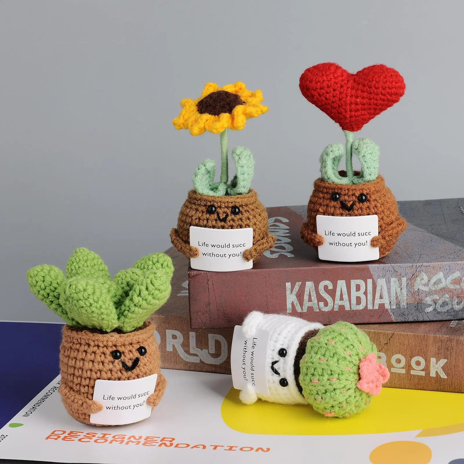 Valentine's Day Mini Artificial Crochet Cactus & Sunflower & Succulent & Love Potted Plant, 1/4 Counts Cute Creative Handmade Crochet Decorative Potted Plant, Gifts for Boyfriend, House Accessories