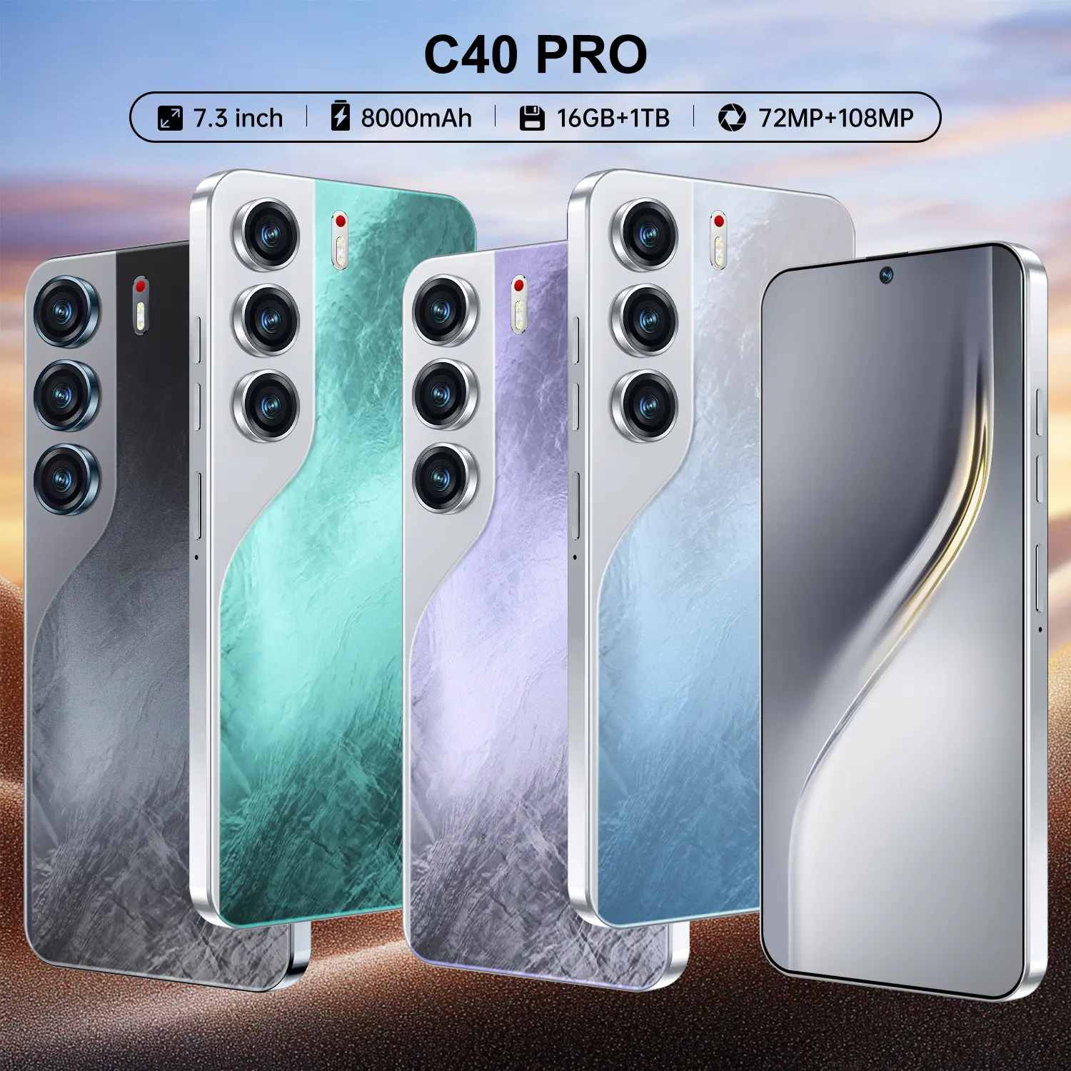 【1-year warranty】New C40 Pro 7.3inch Large Screen 5G mobile Phone, 16GB+1TB Large Memory, Supports Fast Charging, Face Recognition, Fingerprint Unlock, HD Camera, 8000mAh Long Battery Life, gaming phone side panels，smartphone deals