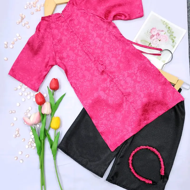 (9-38kg) Bộ áo dài gấm truyền thống tay lở (kèm xược và chuỗi ngọc) + quần lụa bóng mềm mát 5