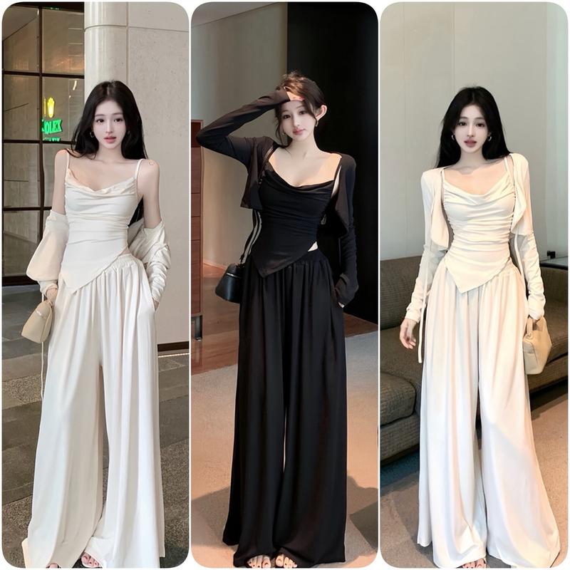 Sét Bộ Đồ Nữ 3 Món Chất Thun Tăm Gồm Áo 2 Dây Đổ Nguc Vạt Nhọn + Áo Cardigan Ngắn + Quần Suông Dài