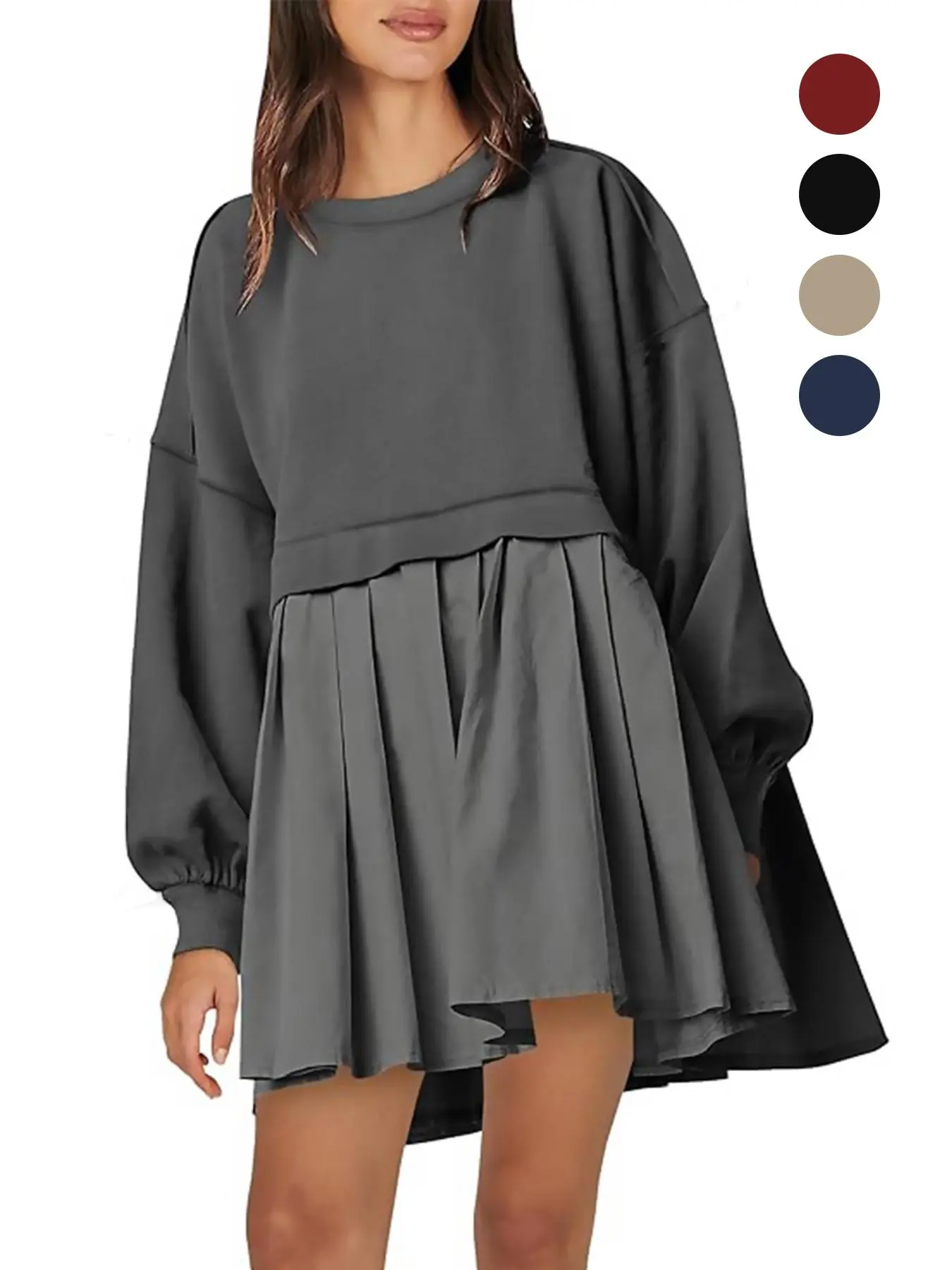 【Plus Size】 Solid Color 2 in 1 Pleated Smock Dress, Casual Drop Shoulder Long Sleeve Short Dress for Fall & Winter, Holiday Dresses, Women's Clothes for Daily Wear