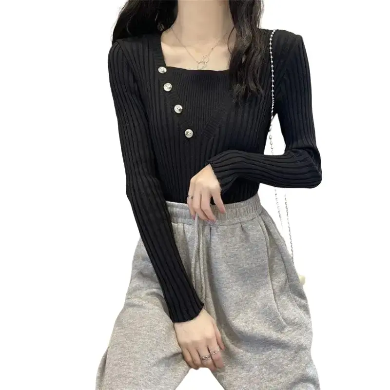 Atasan Oblong Knit Rajut Lengan Panjang Wanita Kaos Oneck Style Korea Baju Kancing 0