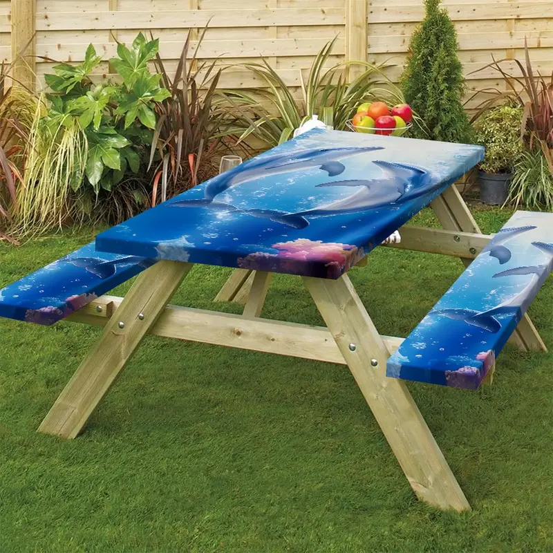 Dolphin Pattern Picnic Table Bench Set, Outdoor Use Table Bench Cover, Versatile Decoration for Picnics, Barbecues, and Park Gatherings 5