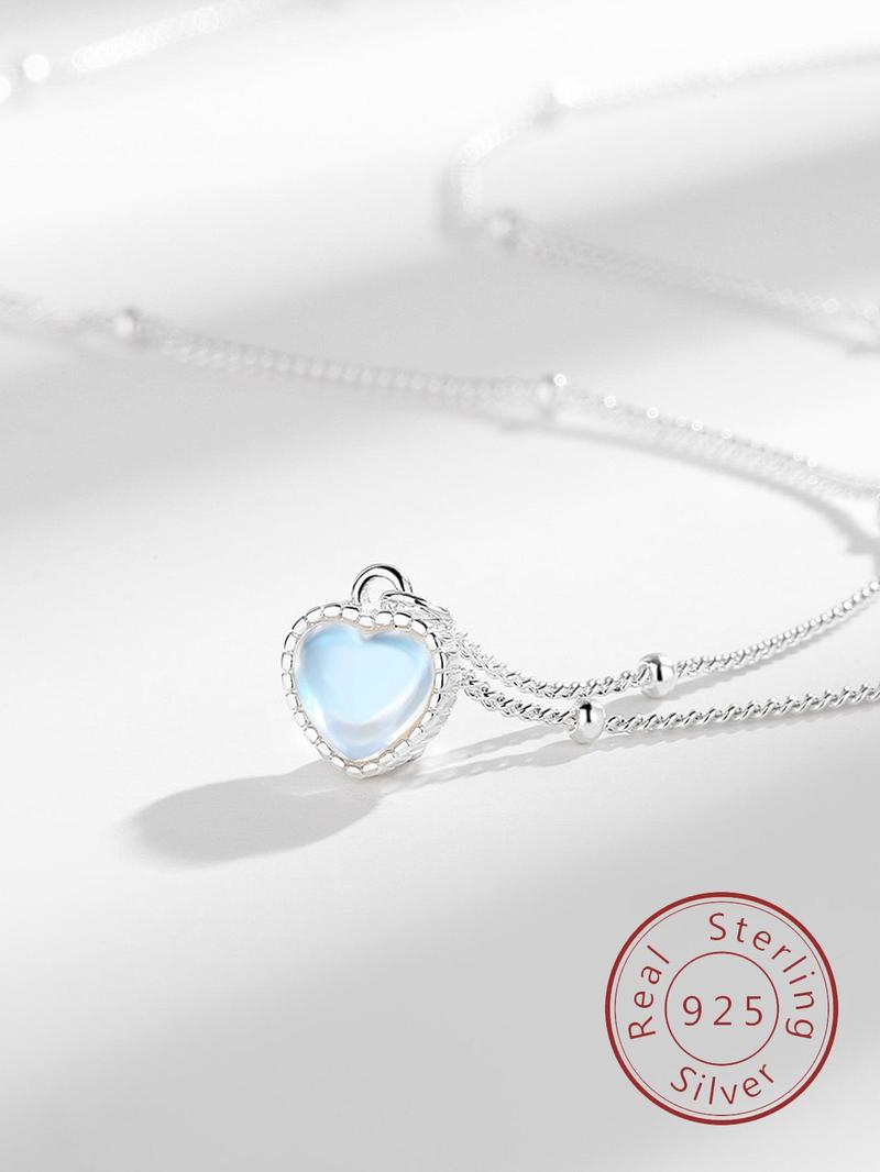 Product Introduction of 925 Sterling Silver Fashion Heart Shaped Moonstone Pendant Necklace for Women, Fashion Jewelry for Party, Daily Clothing Decor, Birthday Gift 2