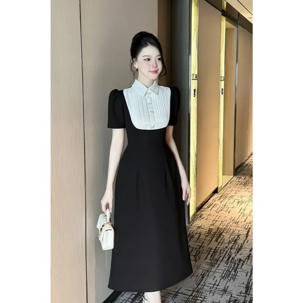 váy thiết kế đen cổ sơ mi trắng đính 4 nơ đá xinh đẹp mặc đi làm đi chơi hoặc đi học đều đẹp