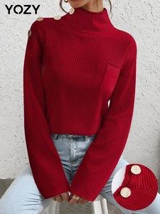 YOZY Women's Plain Fake Buttons Pocket Drop Shoulder Sweater, Casual Long Sleeve High Neck Jumper for Fall & Winter, Women's Knitwear for Daily Wear