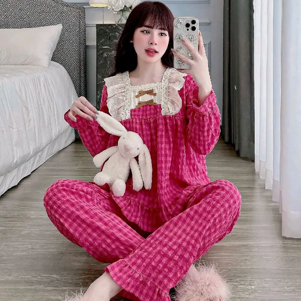 Bộ Ngủ Nữ, Kiểu 2 Nơ Viền Ren, Vải Đũi Mềm, Phom 40-60kg Kẻ sọc Áo Women Voi Nhung Nho Sen Cotton