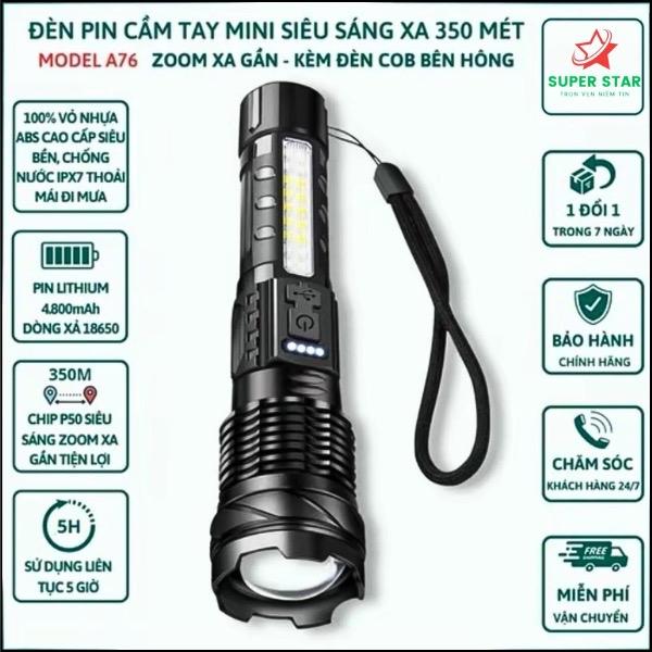 ￼Đèn pin cầm tay A76 siêu sáng chiếu xa 300m có Zoom, pin trâu chống nước IPX6 Có COB Led 7 chế độ sáng Đèn cầm tay