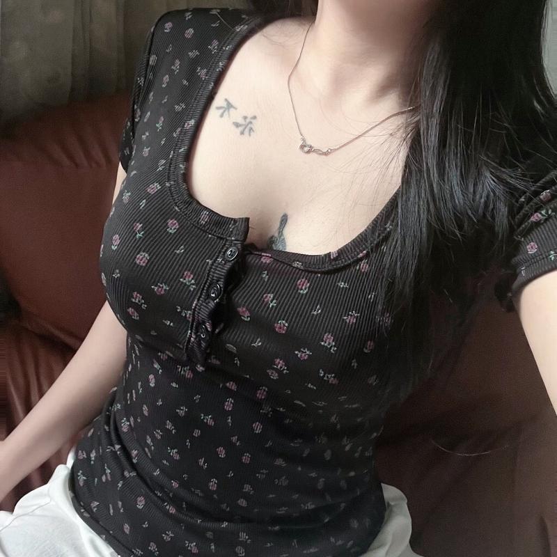 Áo thun gài nút chất tăm lạnh hoa nhí xinh baby tee Nữ Women 8