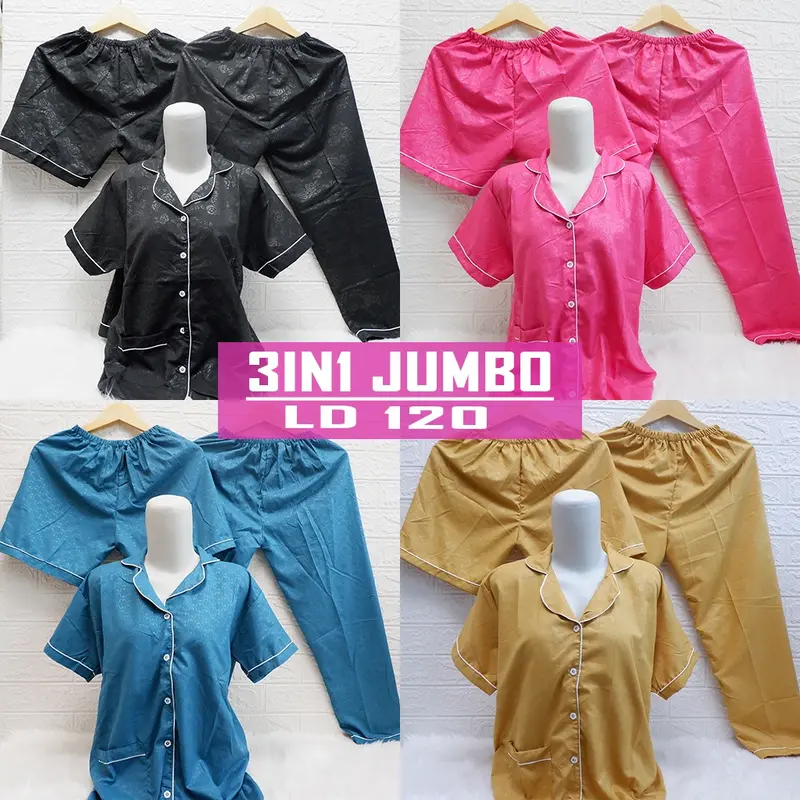 Baju Tidur Piyama Wanita Cewek Pajamas Dewasa Katun Motif Embos Celana 3in1 1