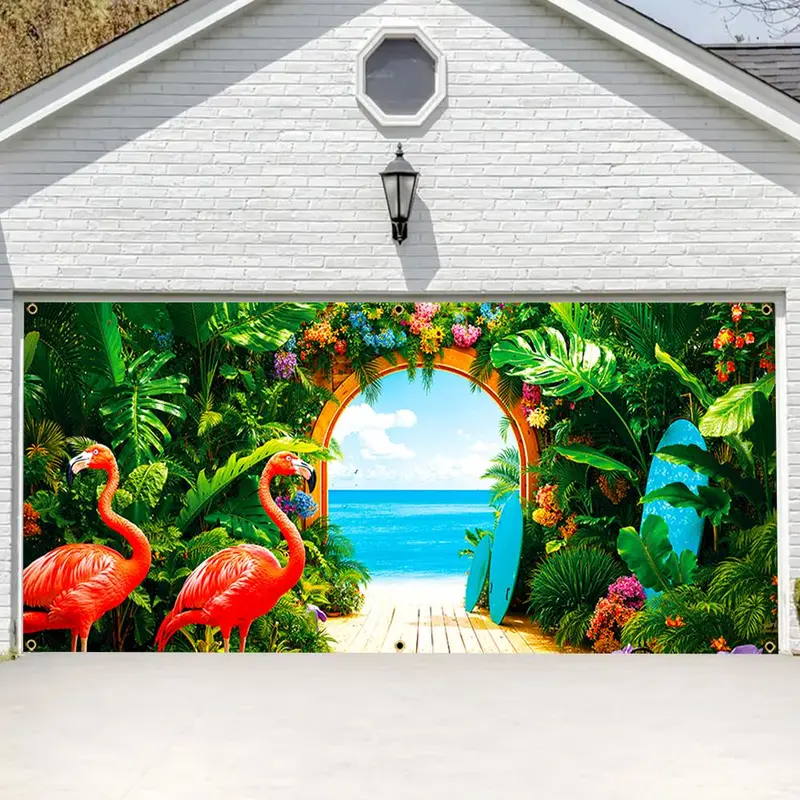 Flamingo & Tropical Plant Pattern Garage Door Banner, 1 Count Durable Garage Door Decoration, Home Decor Supplies for Farmhouse Party 5